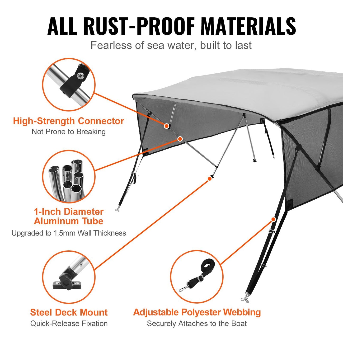 VEVOR 4 Bow Bimini Top Boat Cover, Detachable Mesh Sidewalls, 600D Polyester Canopy With Aluminum Alloy Frame, Includes Storage Boot, 2 Straps, 2 Support Poles,
