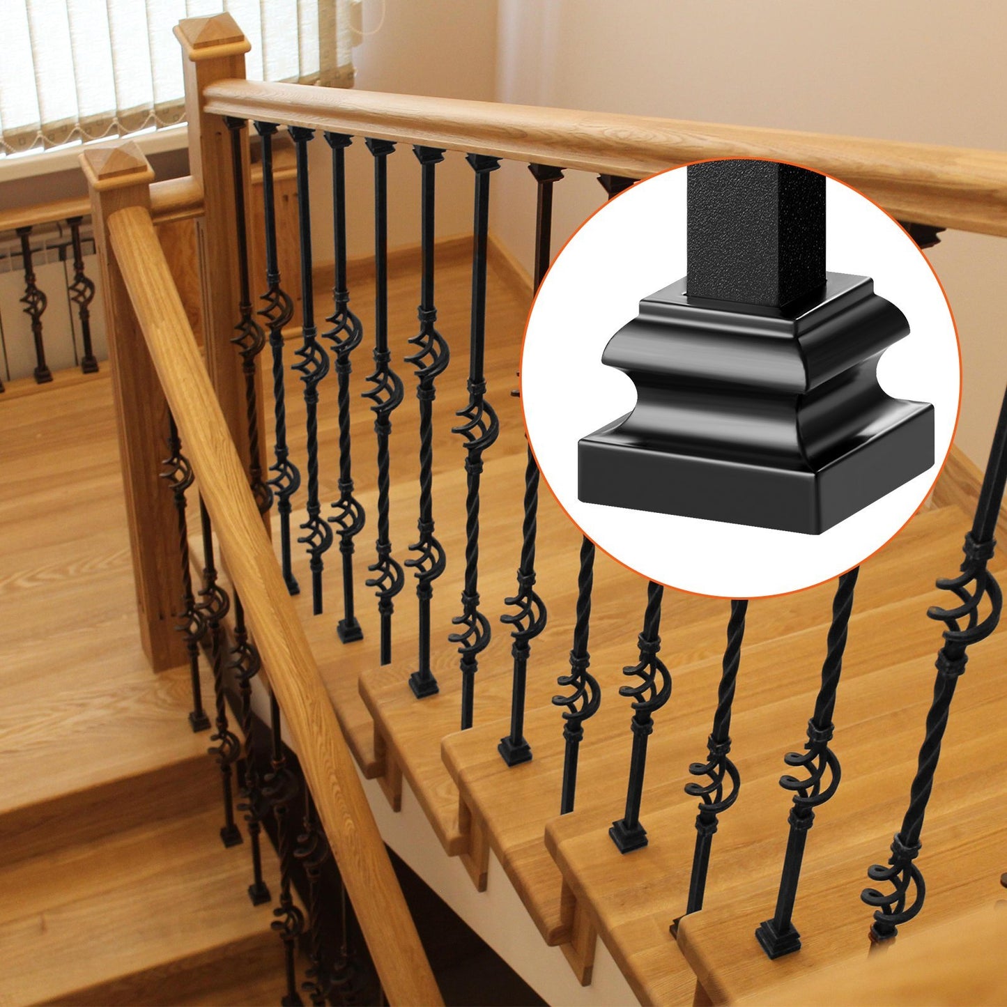 VEVOR Aluminum Alloy Baluster Shoes Stair Flat Shoe With Screw Holes For Square Scroll Basket Twist Knuckle Staircase Balusters Metal Spindle Railing, Satin Black 50 Pcs