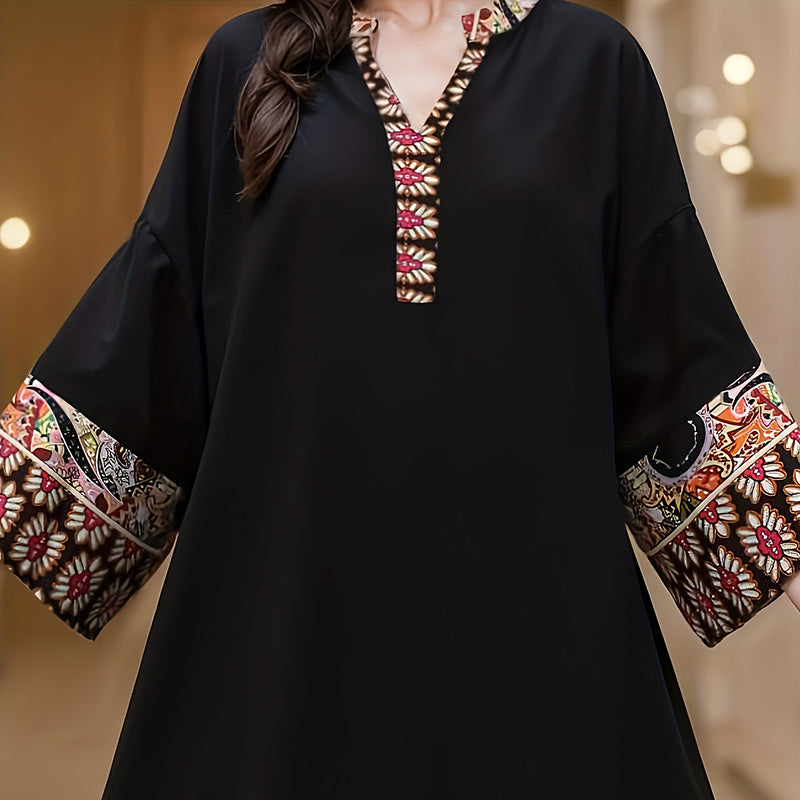 Women's Summer Plus Size Ethnic Print Boho Casual Notched V Neck Long Sleeve Maxi Dress