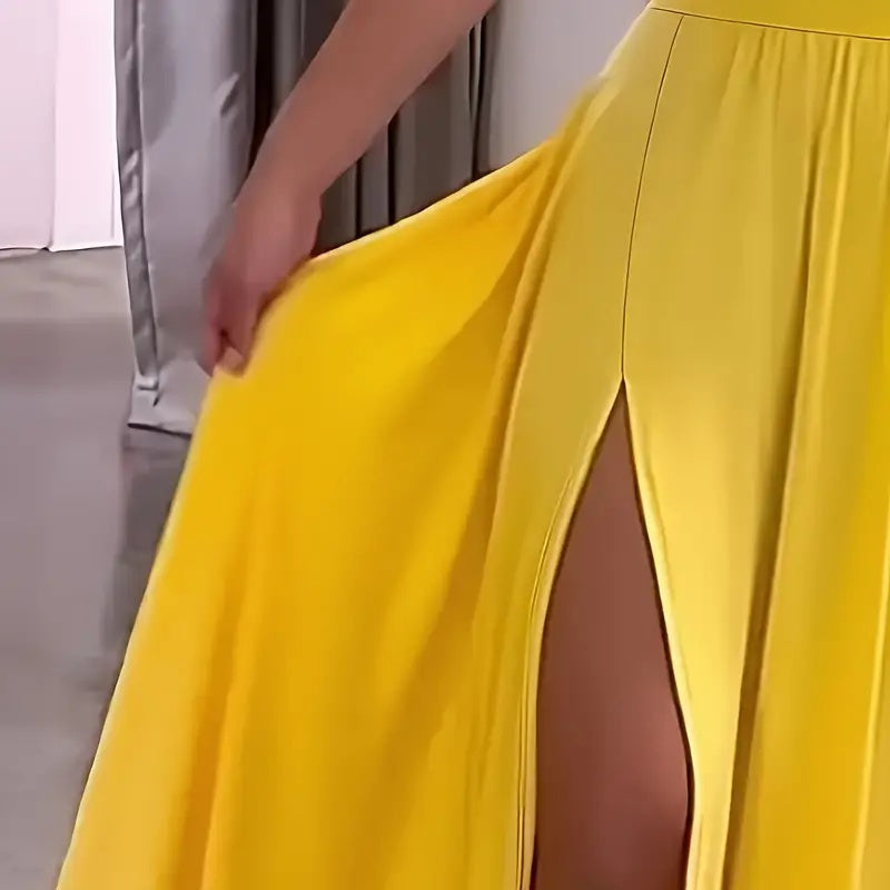 Deep V Neck Maxi Dress Spaghetti Strap Sleeveless Backless High Slit Long