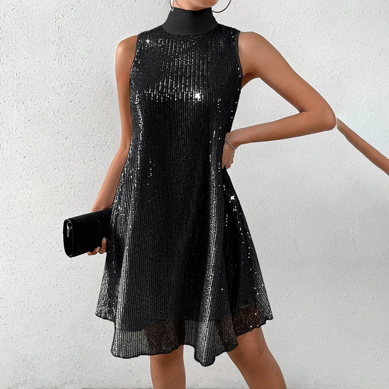 Women's Sparkly Sequin Sleeveless Mock Neck Dress Glittery Dress
