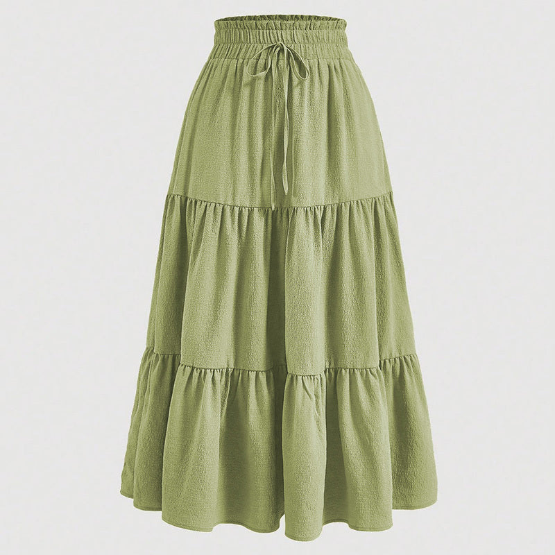 Women's Solid Color High-Waist Knot Detail Flowy Pleated Midi Skirt - Elegant A-Line Skirt