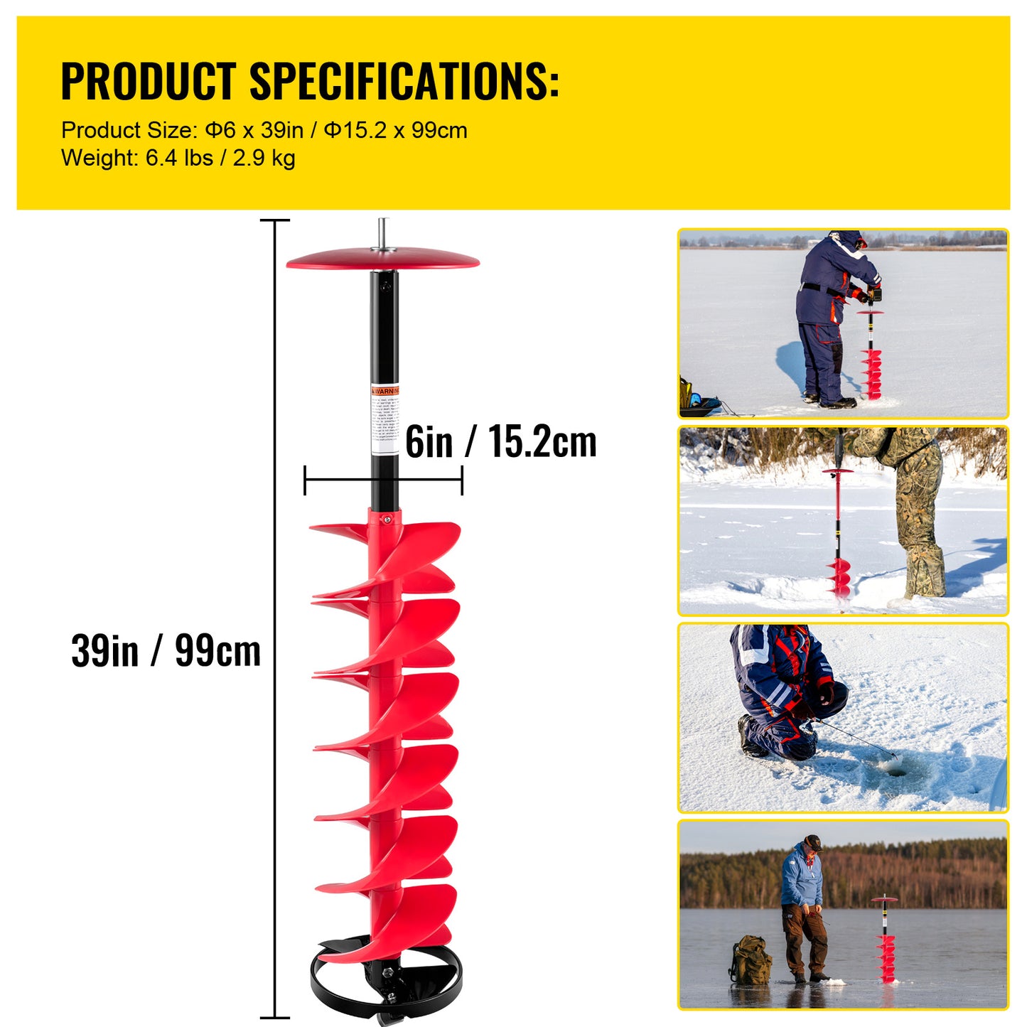 VEVOR Ice Drill Auger,Diameter Nylon Ice Auger, Length Ice Auger Bit,Auger Drill With Extension Rod,Auger Bit Adapter,Top Plate & Blade Guard For Ice Fishing Ice Burrowing Red