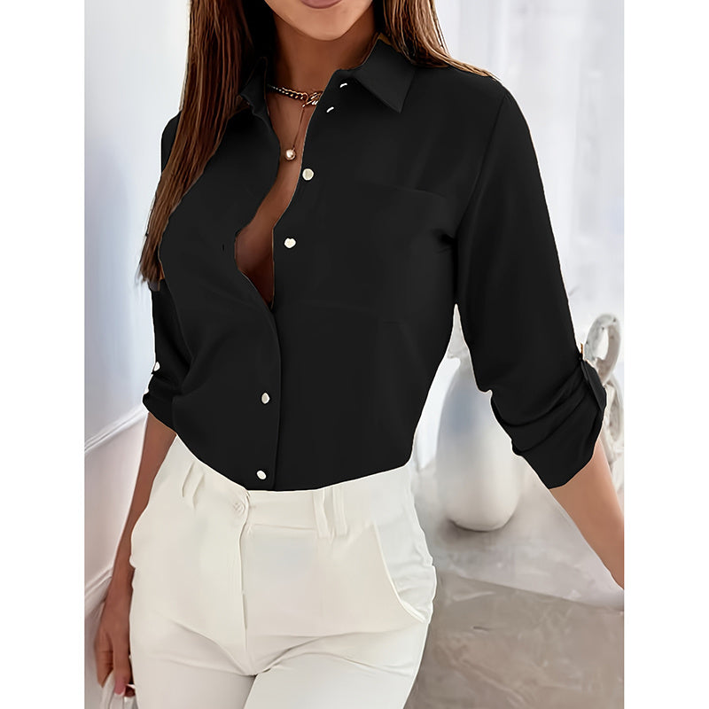Button Down Shirts V Neck Rolled Up Long Sleeve Top Elegant Dressy Blouse