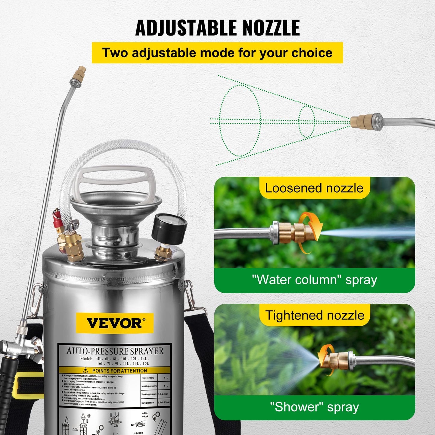 VEVOR 1.5Gal Stainless Steel Sprayer, 3.3FT Reinforced Hose, Hand Sprayer With Pressure Gauge Safety Valve, Adjustable Nozzle Suitable For Gardening Sanitizing