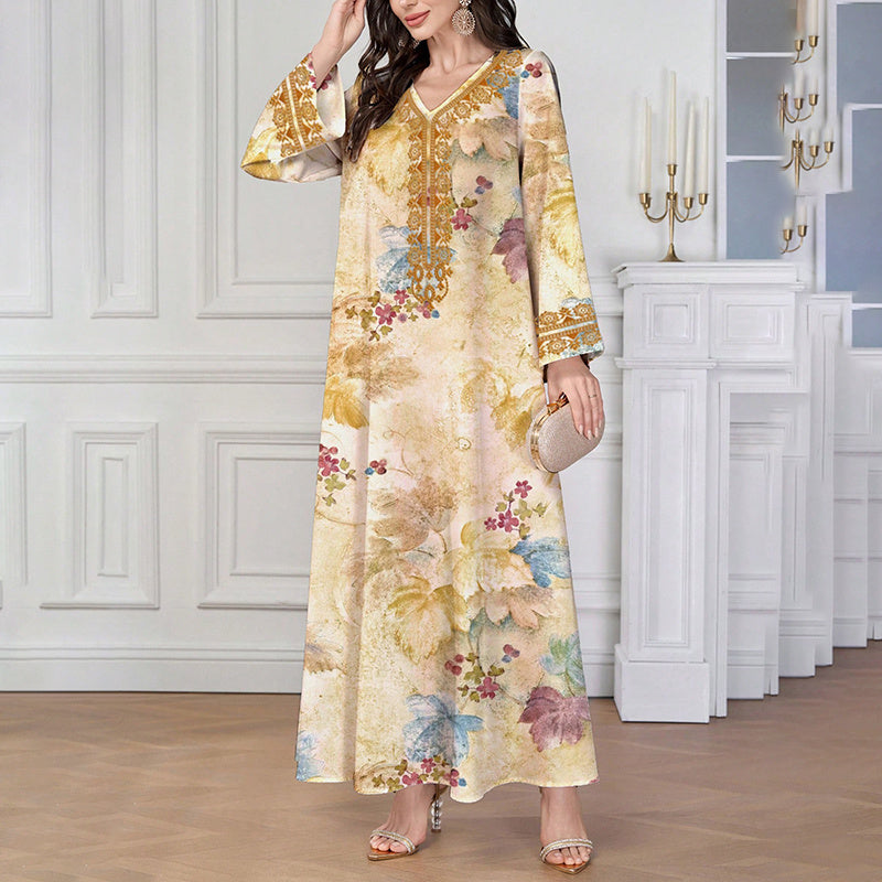 Women's Chic Bohemian Floral V-Neck Maxi Dress, Elegant Golden Long Sleeve Loose Fit Casual