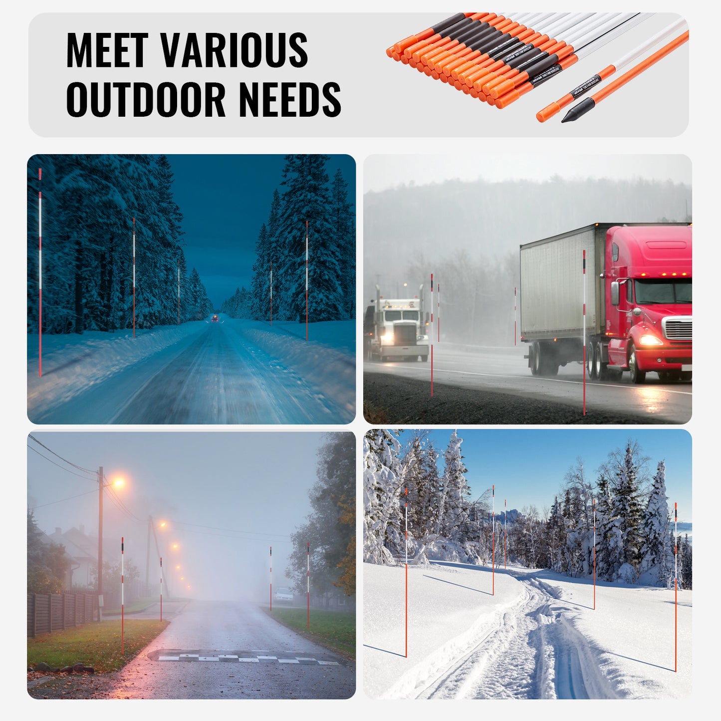 VEVOR Driveway Markers, 30 PCS 48 Inch, 0.4 Inch Diameter, Orange Fiberglass Poles Snow Stakes With Reflective Tape, Steel Drill Bit & Protection Gloves For Parking Lots, Walkways Easy Visibility