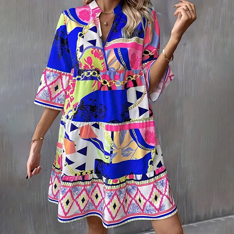 Mini Dress Casual V-Neck Printed Flared Sleeve Pleated Short Dress