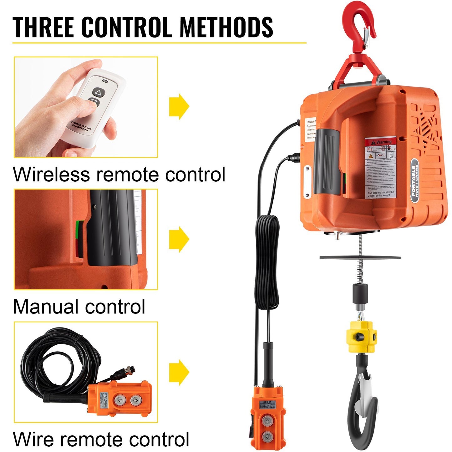 VEVOR 3-in-1 Electric Hoist Winch, 1100lbs Portable Electric Winch, 1500W 110V Power Winch Crane, 25ft Lifting Height,Wire And Wireless Remote Control, Overload Protection For Lifting Towing