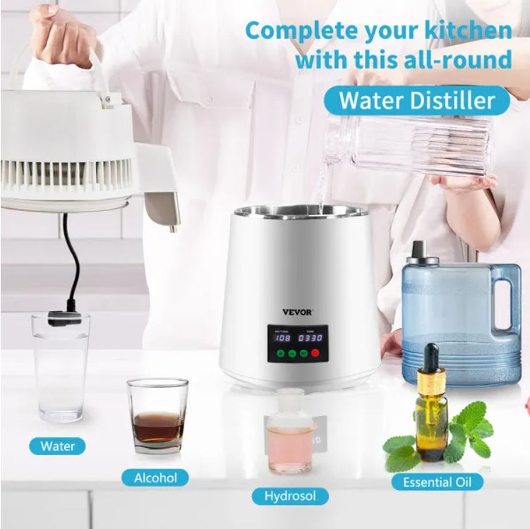 VEVOR 1.1Gal Water Distiller, 0.3Gal H, 750W Distilled Water Maker Machine 0-99H Timing Set Temp Display, 304 Stainless Steel Countertop Distiller Plastic Carafe Cleaning Powder 3 Carbon Packs, White