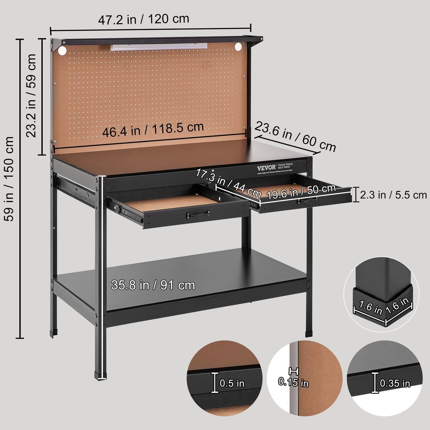 VEVOR Workbench A3 Steel Work Bench For Garage Max. 1500W Heavy Duty Workbench 220lbs Weight Capacity Bench Top Thickness Hardwood Workbench 1.5m Cable 4xAC Outlets 2xUSBPorts 30xHooks