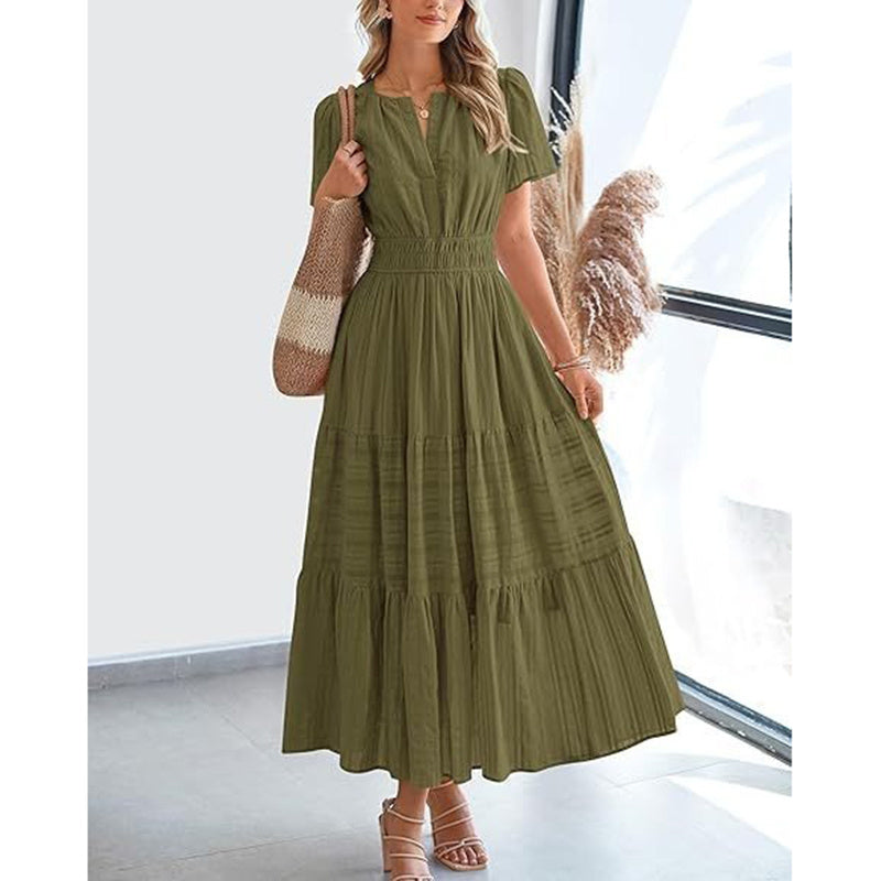 Summer Short Sleeve V Neck Swing Dress Flowy Pleated Tiered Maxi Beach Sundress