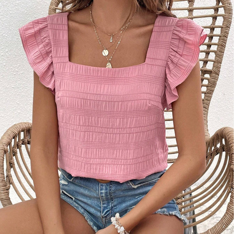 Women's Square Neck Ruffled Sleeve Short-Sleeve Blouse Vacation Casual Summer Top