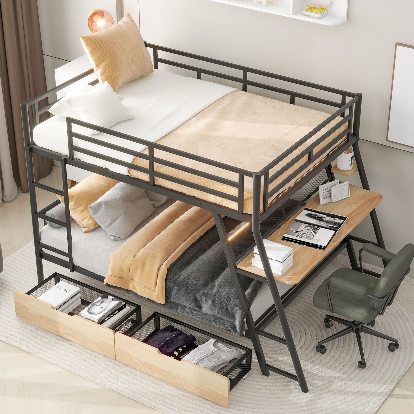 Full Size Metal Bunk Bed With Built-in Desk, Light And 2 Drawers, Black