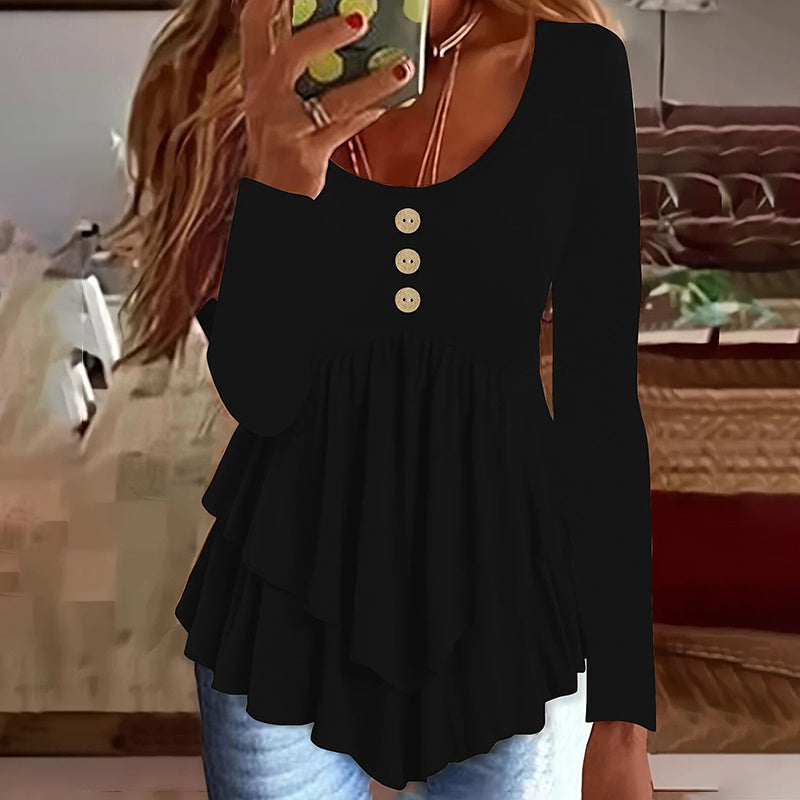 Casual Long Sleeve T-Shirt Solid Color Round Neck Layered Button Front Tunic Tops