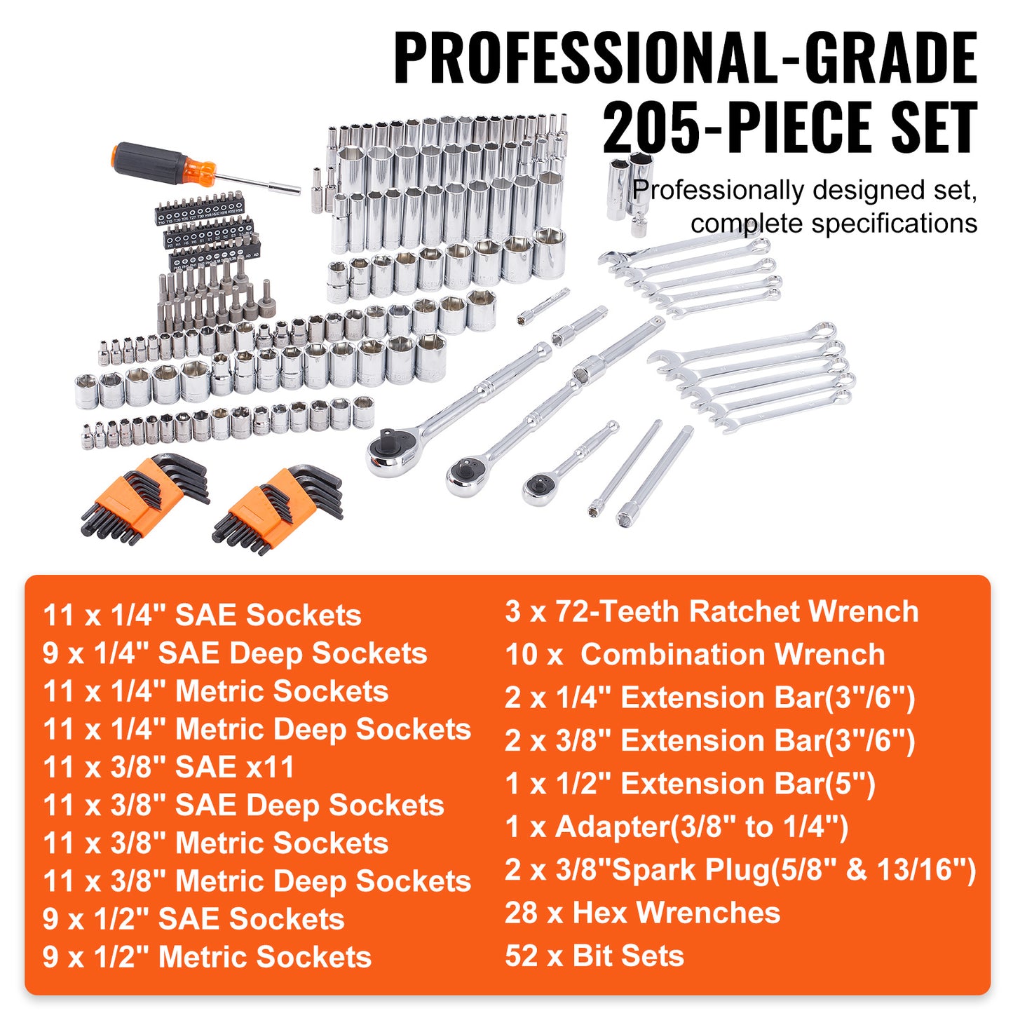 VEVOR Mechanics Tool Set And Socket Set, Drive Deep And Standard Sockets, 205 Pcs SAE And Metric Mechanic Tool Kit With Bits, Combination Wrench, Hex Wrenches, Accessories, Storage Case