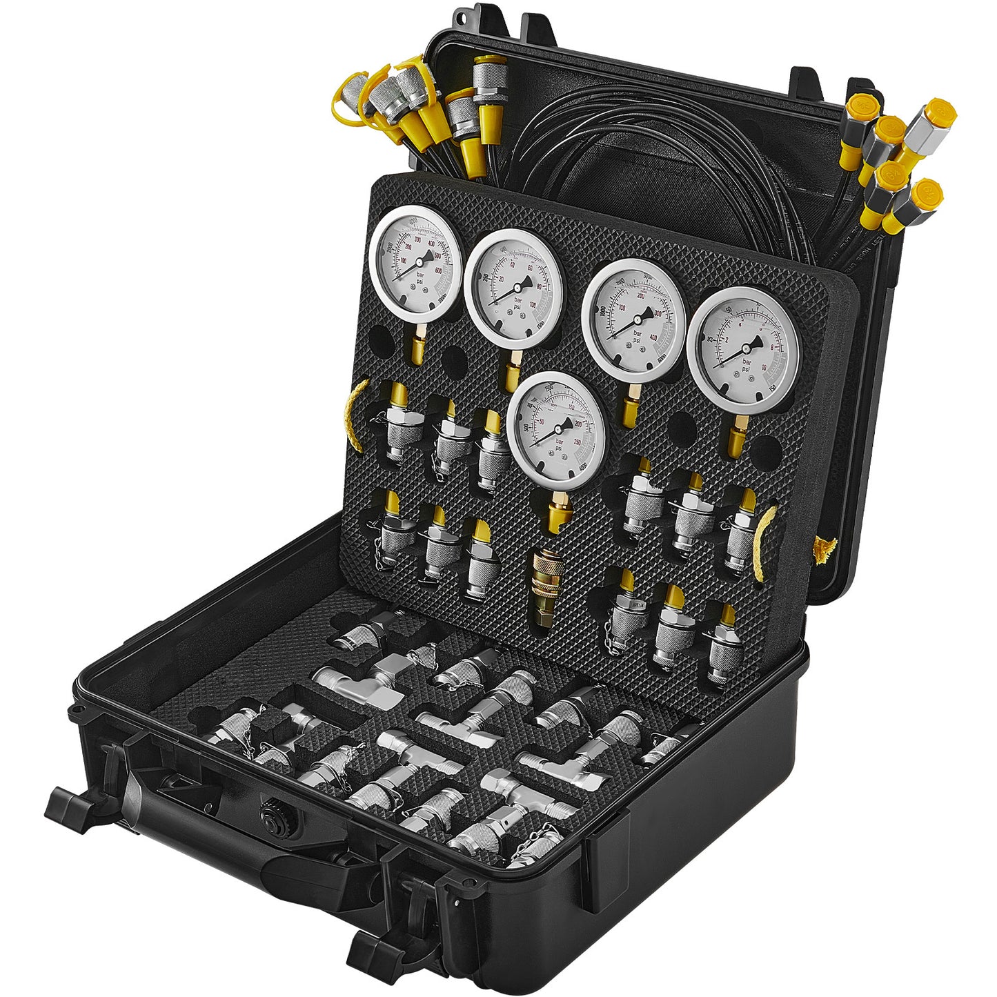 VEVOR Hydraulic Pressure Test Kit, 5 Gauges 13 Couplings 14 Tee Connectors 5 Test Hoses, Excavator Hydraulic Test Gauge Set With Carrying Case For Excavator Tractors Machinery