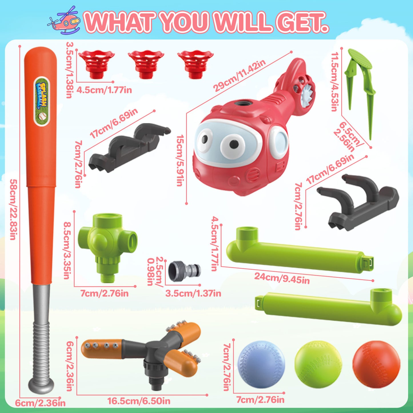 4 In 1 Water Sprinklers T Ball Set For Kids And Toddlers, Baseball Sprinkler For Backyard Helicopter Toy Outdoor Game, Attaches To Garden Hose