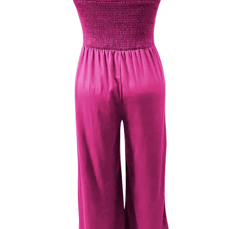 Elegant Jumpsuit Solid Color Strapless Top Straight Leg Pants Sleeveless Loose Pants