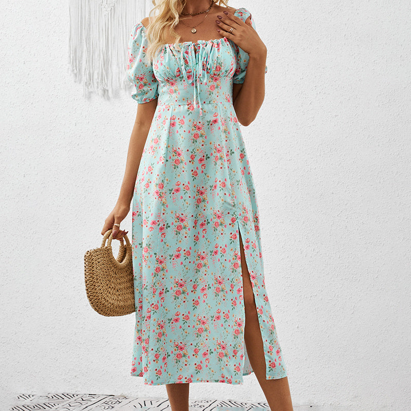 Women's Square Neck Floral Print Dress With Puff Sleeves & Side Slit - Elegant Boho Maxi Dress