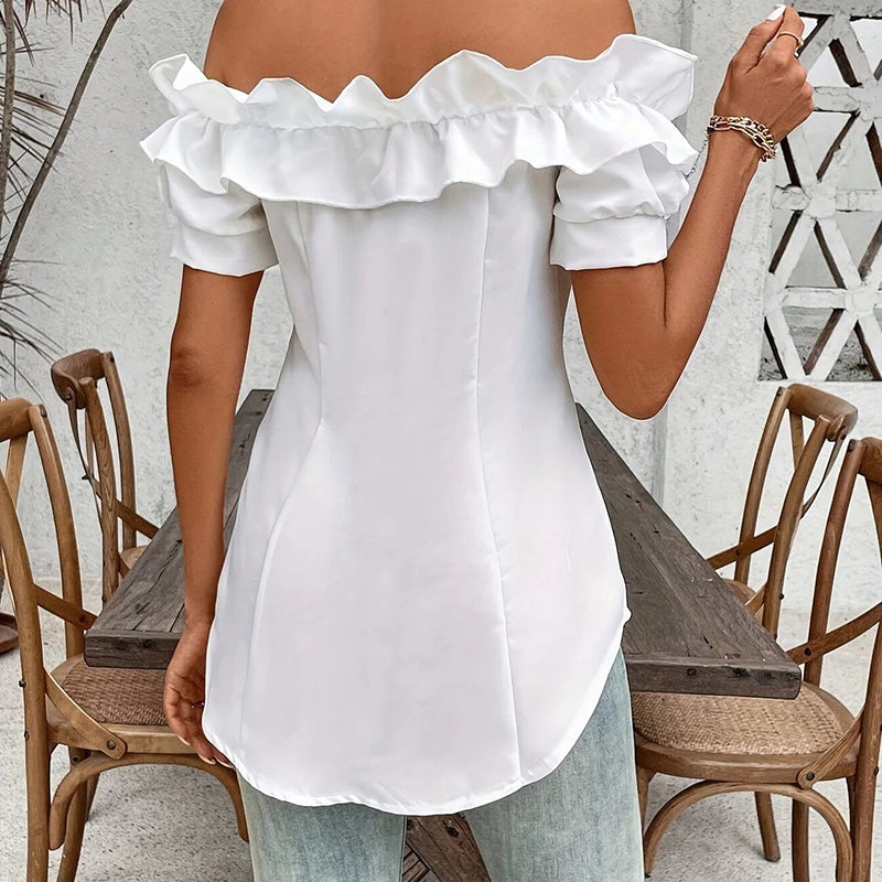 Women's Solid Color Off-Shoulder Ruffled Blouse - Waist Button-Down Shirt