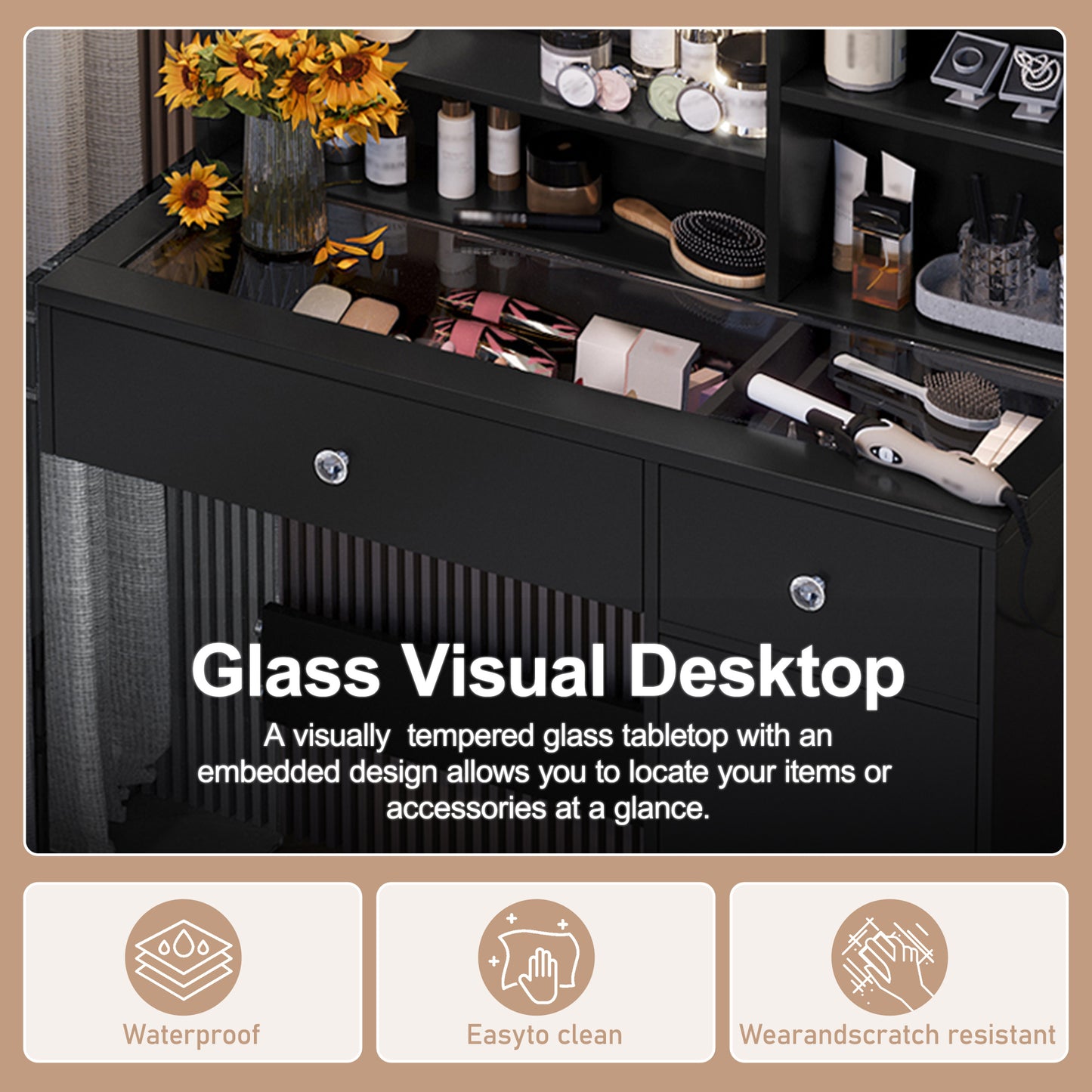 Vanity Desk With Mirror And 3 Lighting Modes, Makeup Vanity With Glass Top And Storage Shelves, Dressing Table With 2 Drawers And Cabinet