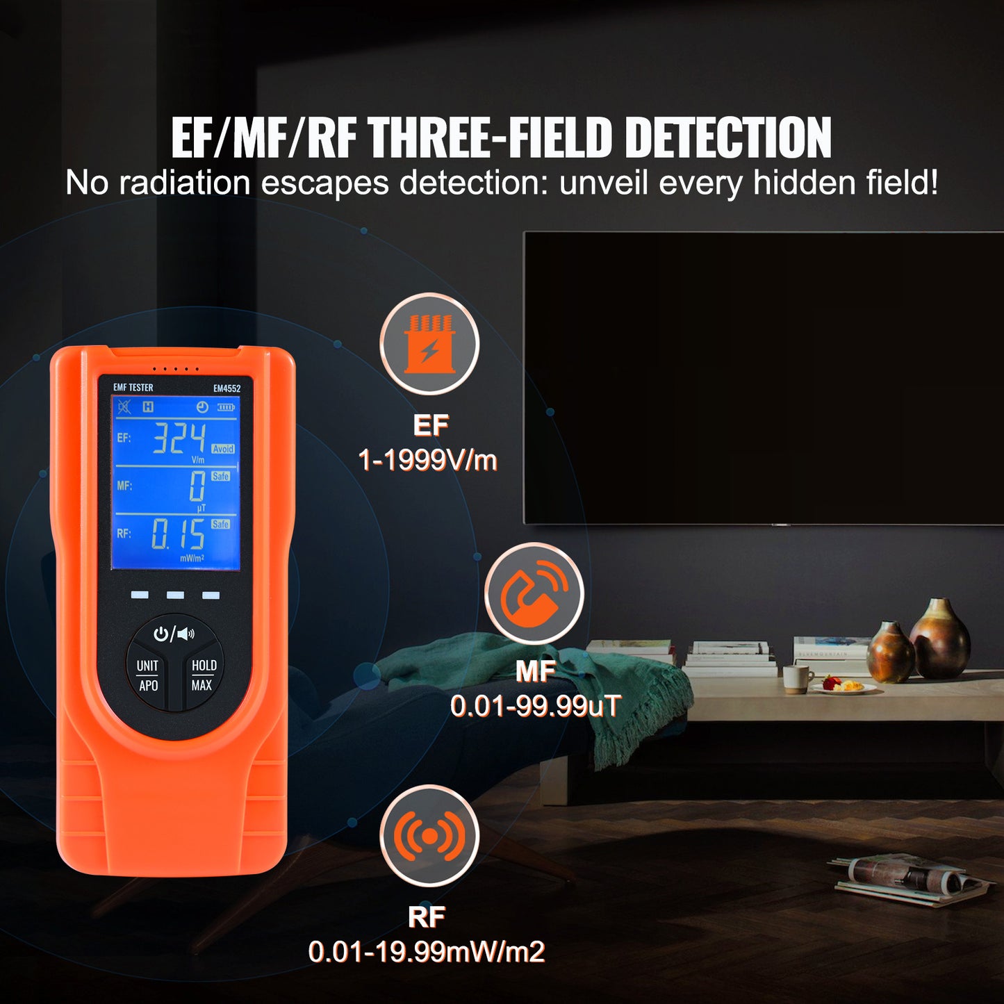 VEVOR EMF Meter, 5Hz 3.5GHz, Handheld Rechargeable Electromagnetic Field Radiation Detector, Digital LCD EMF Tester For EF MF RF Home Inspections Outdoor Ghost Hunting Paranormal Equipment