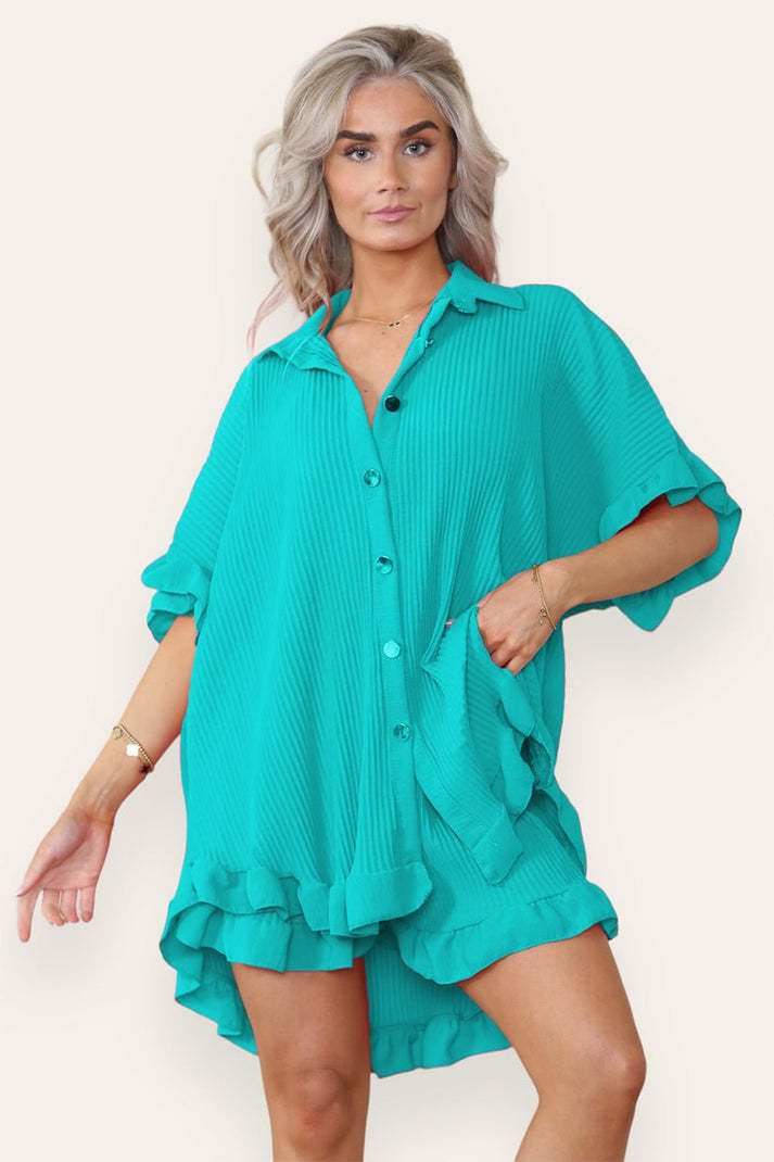 Casual Oversized Gold Button Pleated Frilled Ruffle Short Sleeves Shirt Top And Short Set