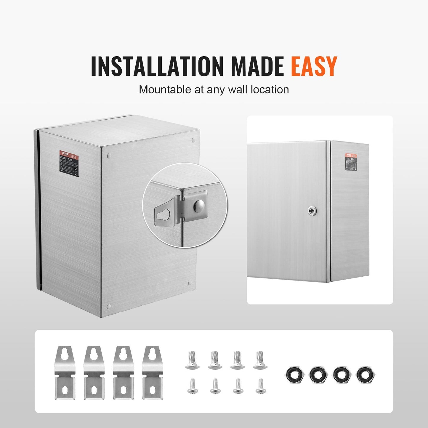 VEVOR Steel Electrical Box,304 Stainless Steel Electrical Enclosure Box, Wall-Mounted Outdoor Electrical Electronic Equipment Enclosure With Mounting Plate Hinges Lock, IP66 Waterproof