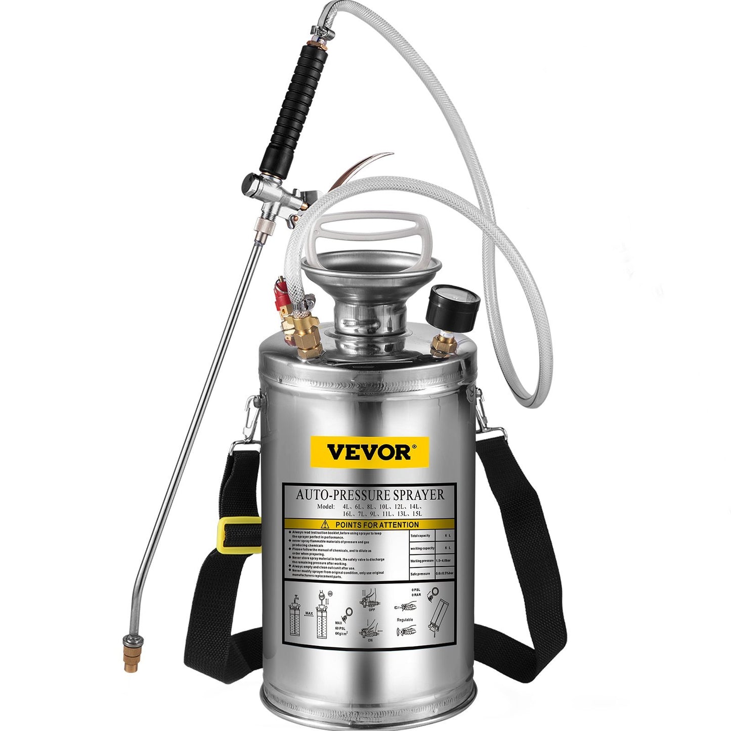 VEVOR 1.5Gal Stainless Steel Sprayer, 3.3FT Reinforced Hose, Hand Sprayer With Pressure Gauge Safety Valve, Adjustable Nozzle Suitable For Gardening Sanitizing