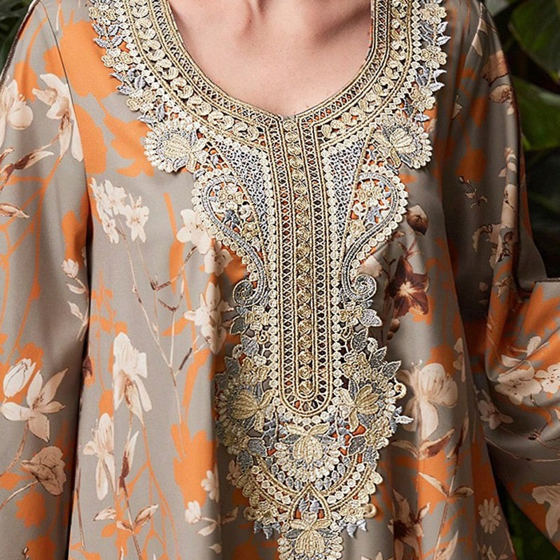 Women's Elegant Plus Size Floral Print Maxi Dress - Middle Eastern Bohemian Style Embroidery Long