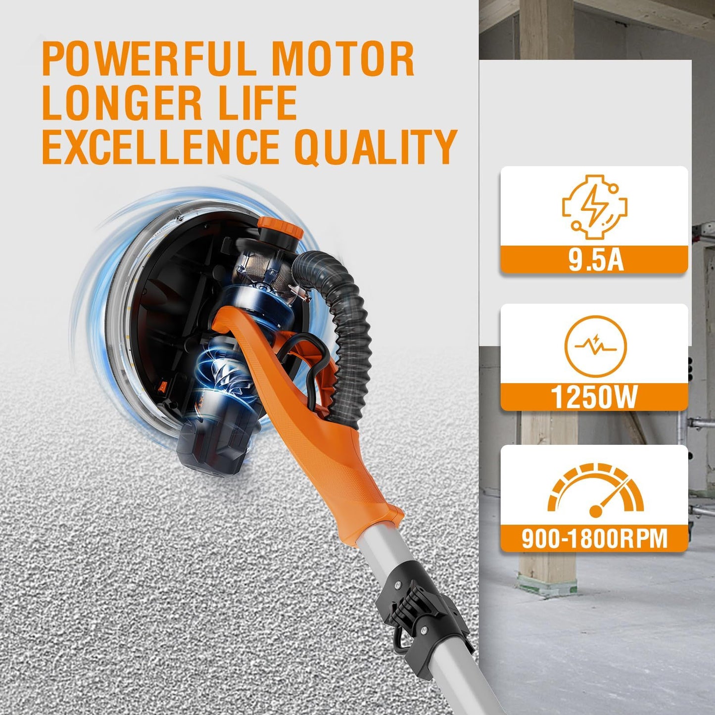 Drywall Sander With Vacuum Dust Collection, 6 Variable Speed Foldable Telescopic Electric Wall Sander, Popcorn Ceiling Removal Tool, 1900RPM Power Sander Tool, LED Light, 18Pcs Sanding Discs