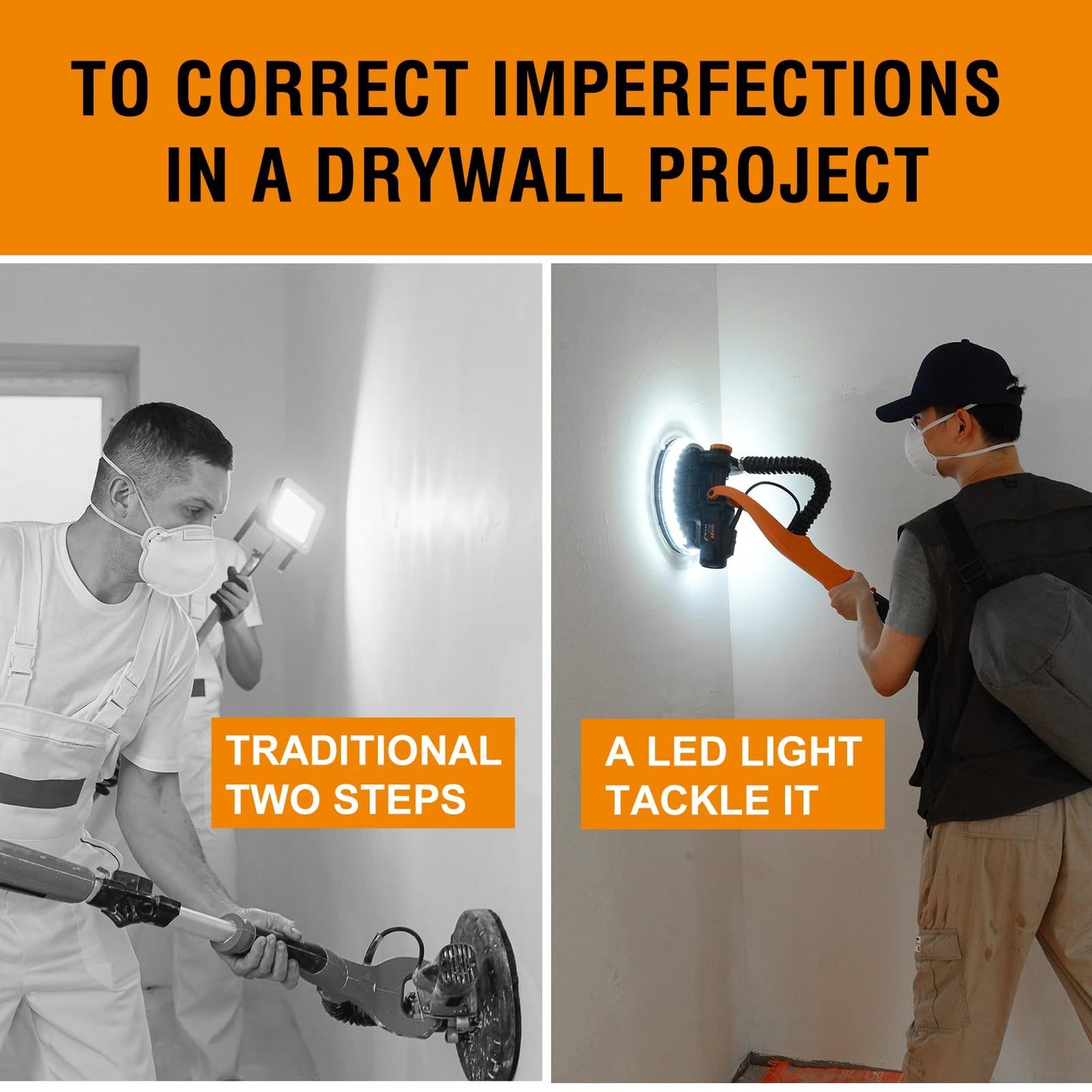 Drywall Sander With Vacuum Dust Collection, 6 Variable Speed Foldable Telescopic Electric Wall Sander, Popcorn Ceiling Removal Tool, 1900RPM Power Sander Tool, LED Light, 18Pcs Sanding Discs