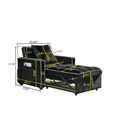 Three-in One Sofa Bed Chair Folding Sofa Bed Adjustable Back Into A Sofa Recliner Single Bed Modern Chair Bed Berth Black