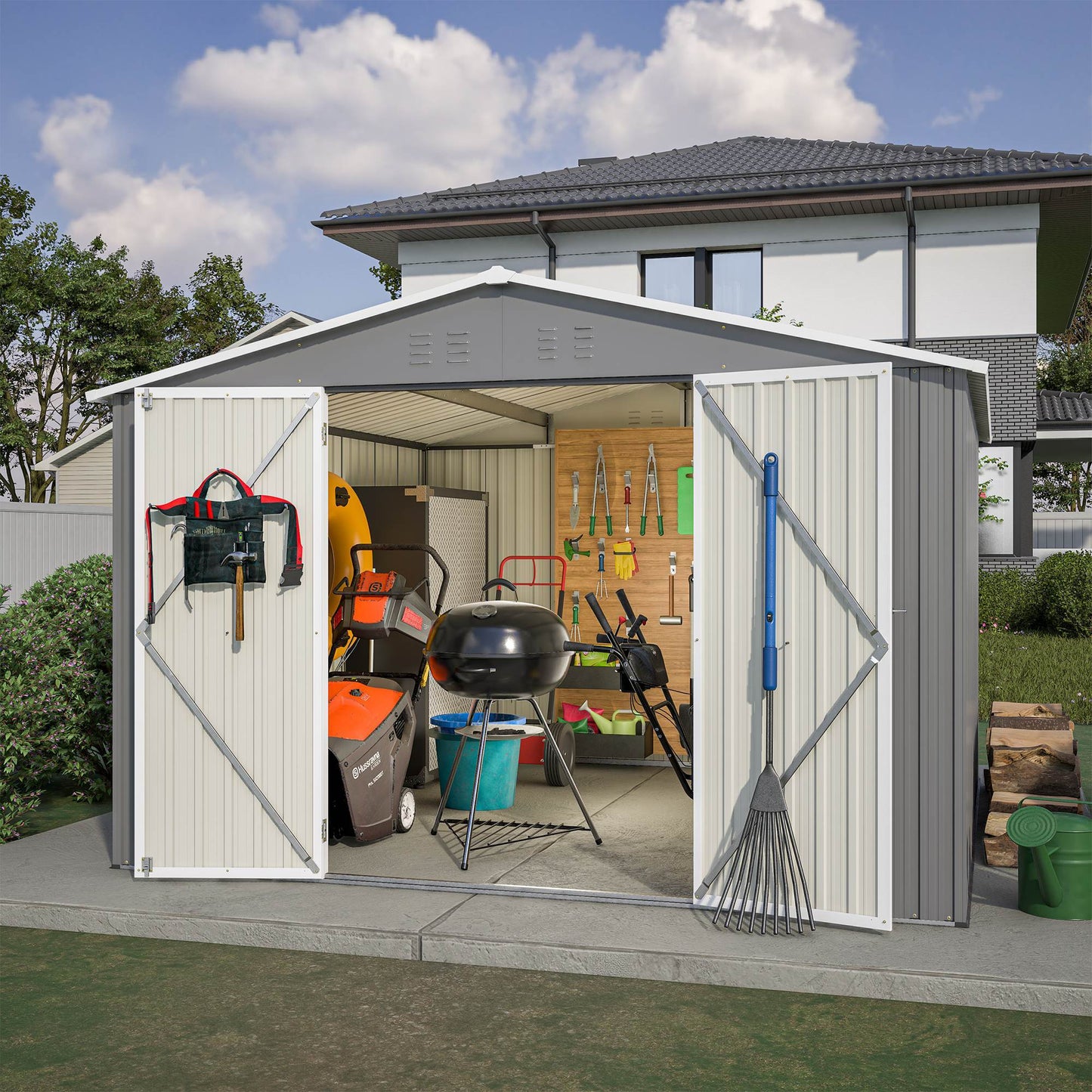 10 X 10 FT Outdoor Storage Shed, Large Metal Tool Sheds With Updated Frame Structure And Lockable Doors, Garden Shed For Backyard Garden Patio Lawn, Grey