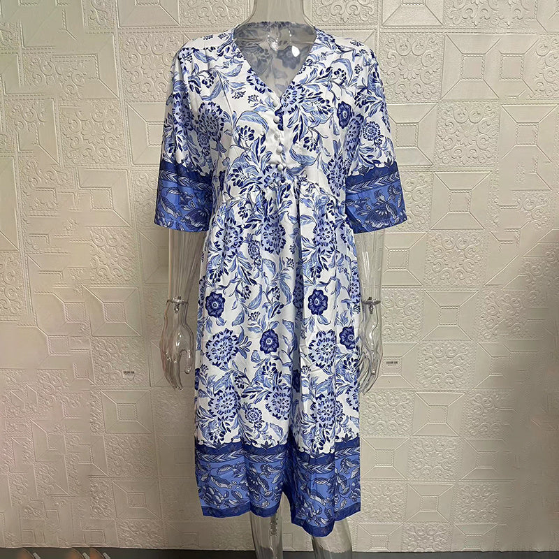 Women's Plus Size V-Neck Floral Print Dress - Loose Fit Casual