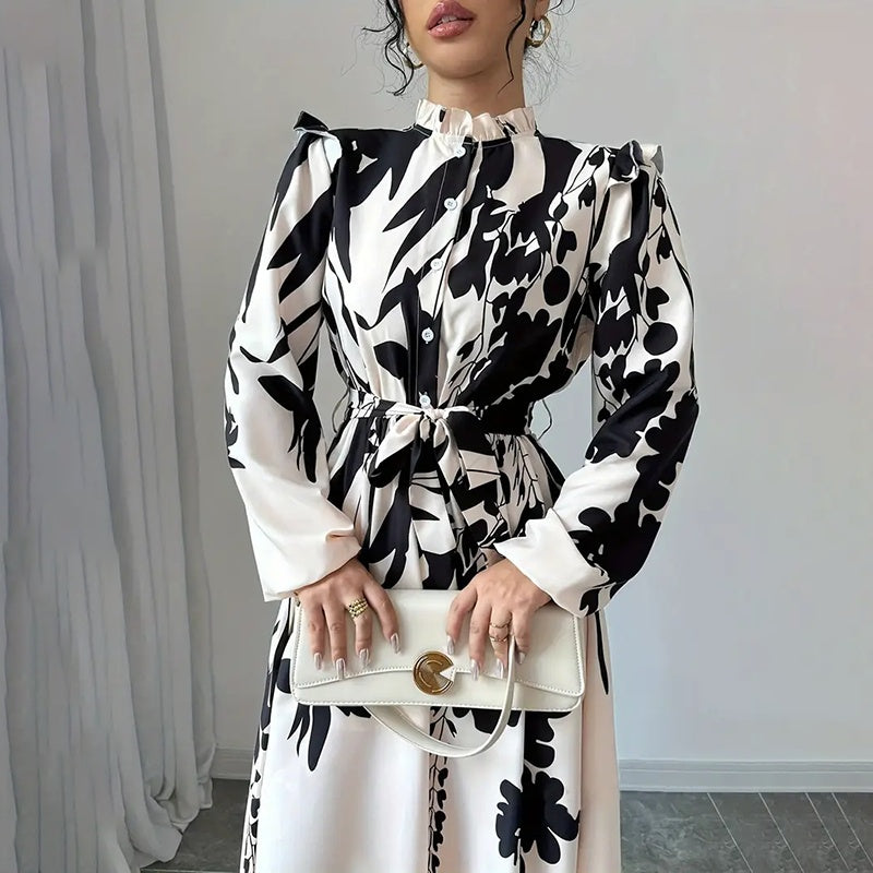 Women's Floral Print Long Sleeve Maxi - Stand Collar A-Line Dress With Waist Detail, Lantern Sleeves & Ruffle Hem