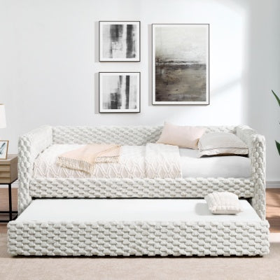 Twin Size Daybed, Upholstered Sofa Bed,The Bottom Pulls Out To Form A Bed ,Striped Corduroy Fabric- Beige 86x43.5x34