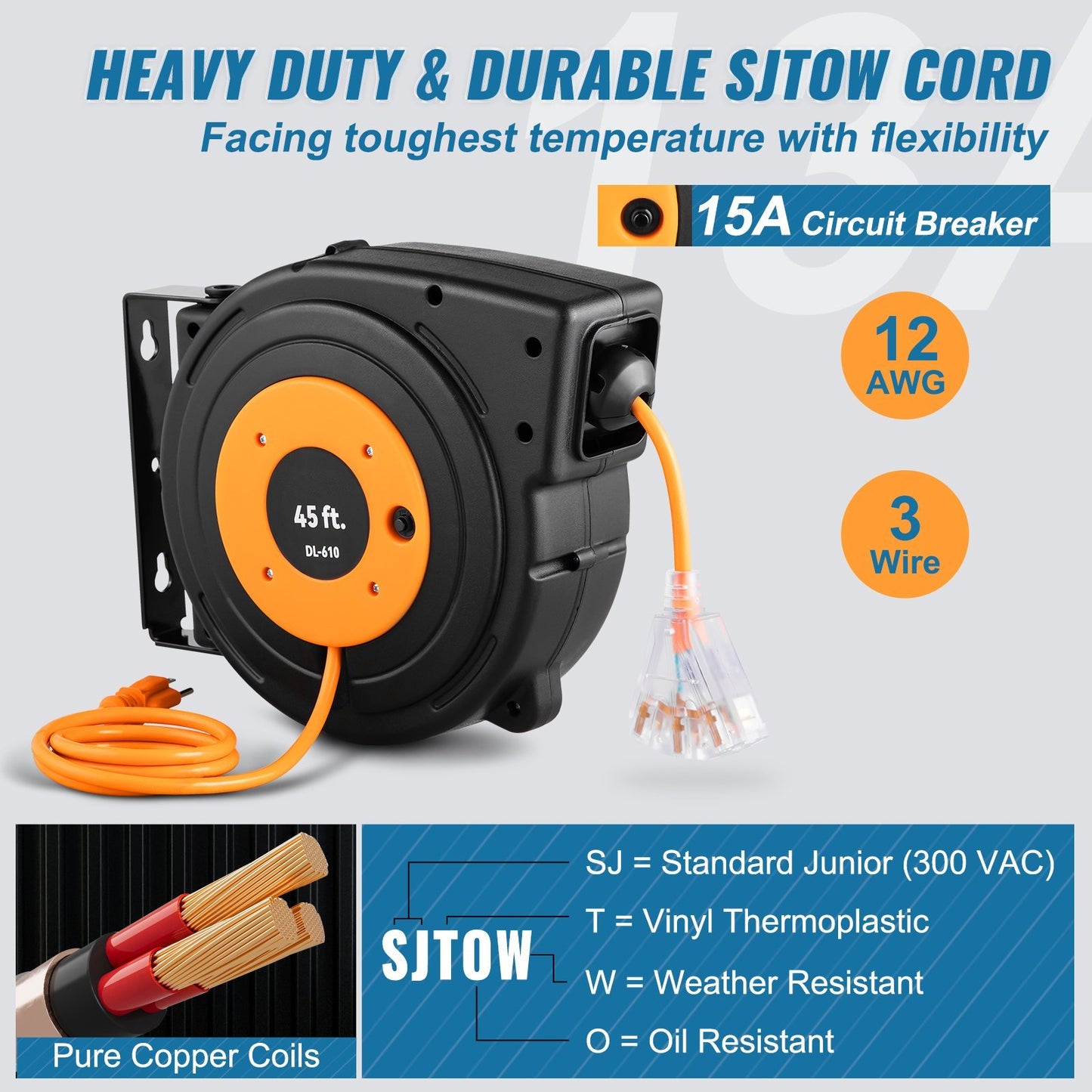 VEVOR Retractable Extension Reel, Heavy Duty 12AWG 3C SJTOW Power Cord 45 FT 12AWG, Black