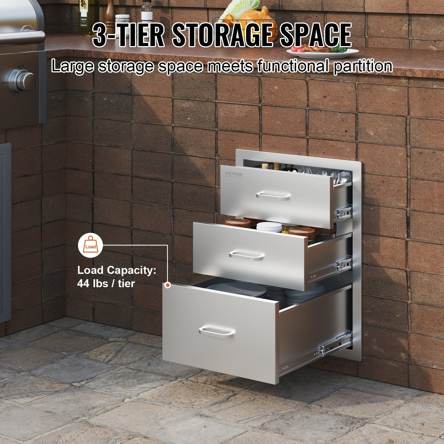 VEVOR 18x20.5 Inch Outdoor Kitchen Stainless Steel Triple Access BBQ Drawers With Chrome Handle, 18 X20.5 X 23 Inch