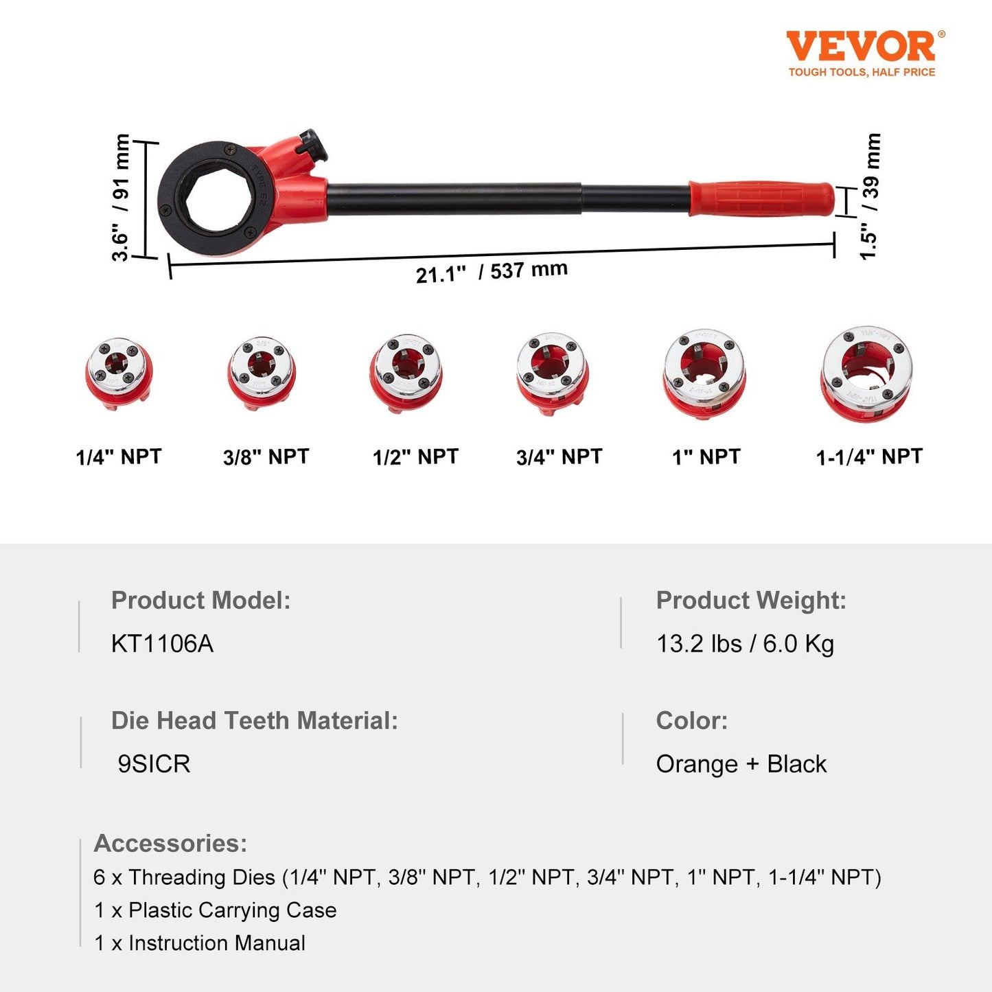 VEVOR Ratchet Pipe Threader Kit, Manual Ratcheting Pipe Threader, Portable Pipe Threading Tool Set With 6PCS NPT Dies, Storage Case For Galvanized Aluminum Iron Copper Pipes