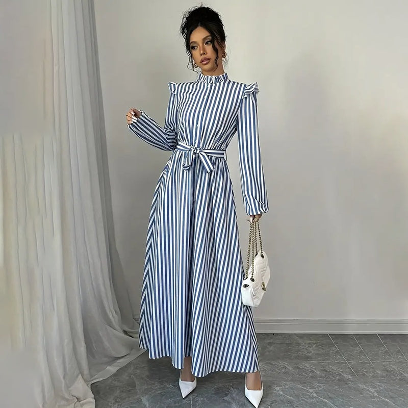 Women's Floral Print Long Sleeve Maxi - Stand Collar A-Line Dress With Waist Detail, Lantern Sleeves & Ruffle Hem