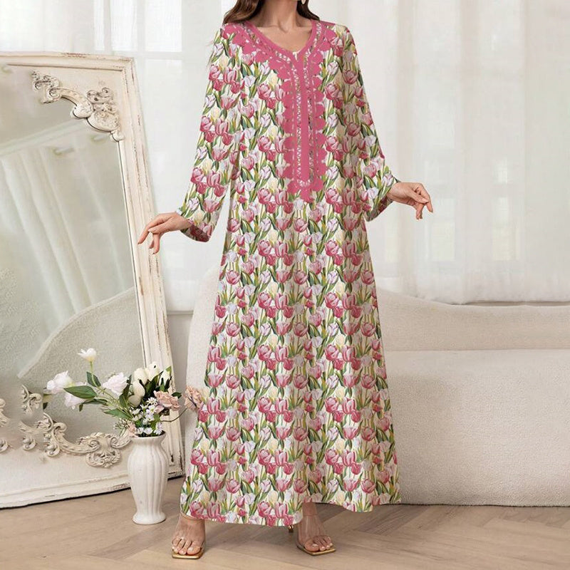 Women's Elegant Pink Floral Print Maxi Dress Vacation Style Long Sleeve A-line Flowy