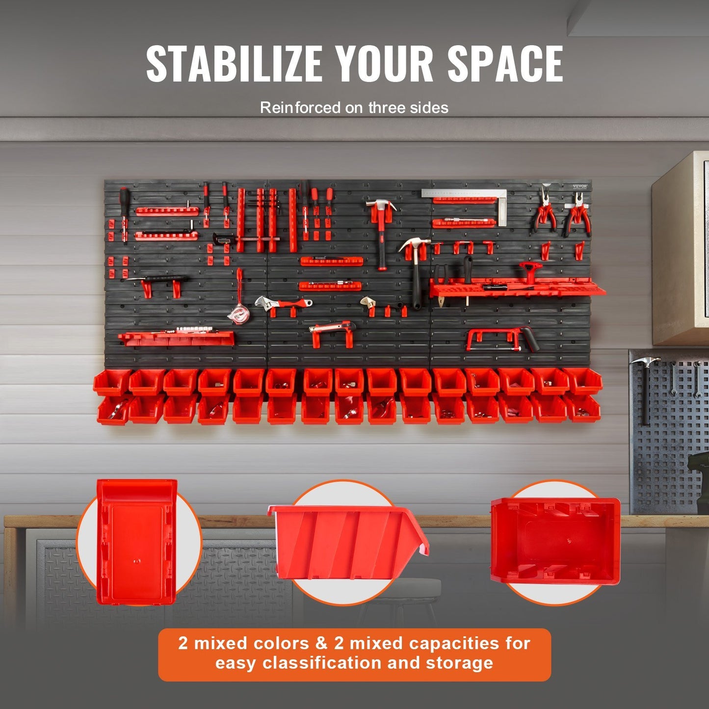 VEVOR Wall Mounted Storage Bins, 30-Bin Parts Rack Organizer Garage Plastic Shop Tool With Wall Panels Tool Holders Hooks, Tool Organizer For Nuts, Bolts, Screws, Nails, Beads, Buttons, Black And Red
