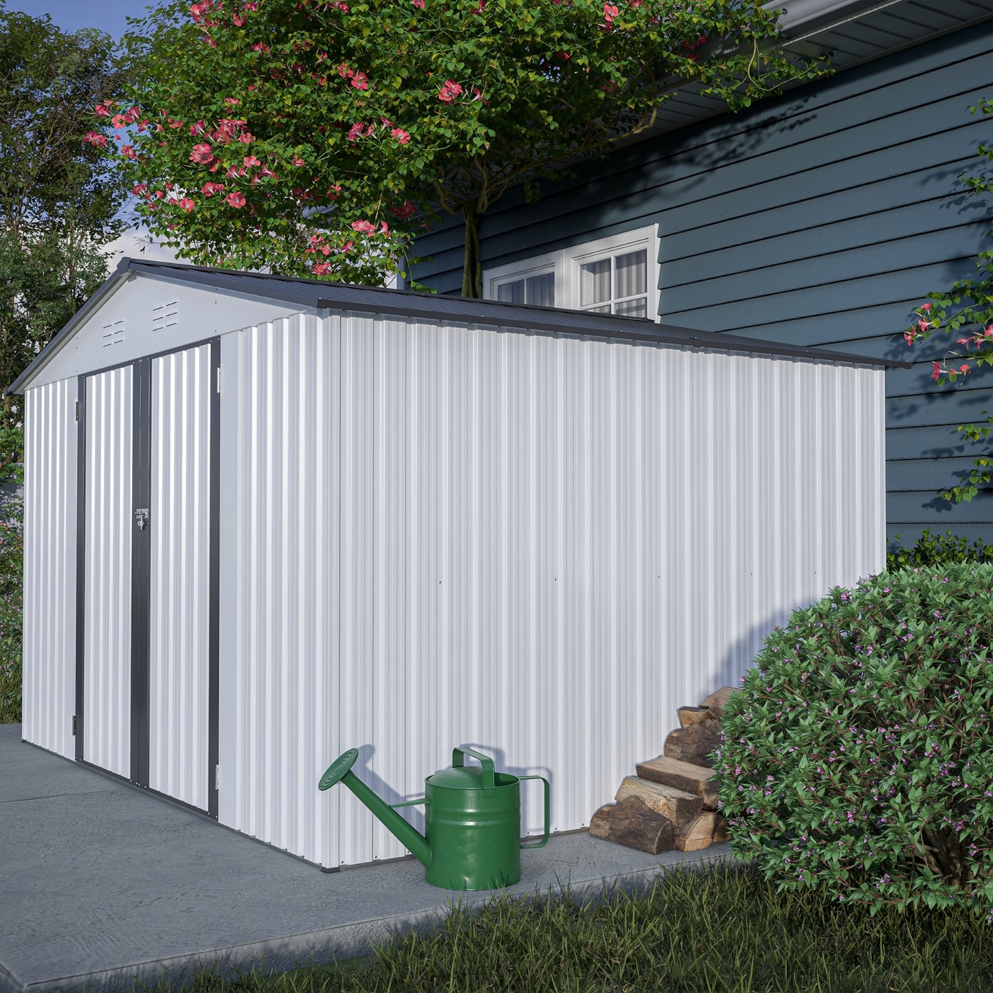10X8 FT Outdoor Storage Shed, All Weather Metal Sheds With Metal Foundation & Lockable Doors, Tool S