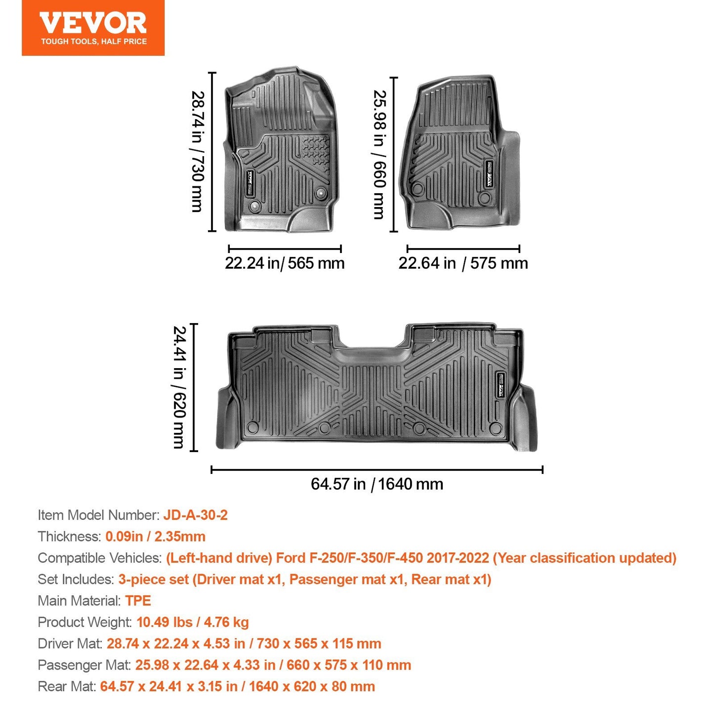 VEVOR Automotive Floor Mats Fits For Ford F-250 F-350 F-450 2017-2022 3 Pcs
