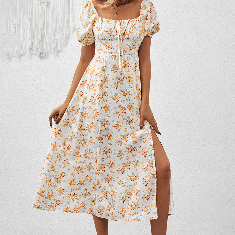 Women's Square Neck Floral Print Dress With Puff Sleeves & Side Slit - Elegant Boho Maxi Dress