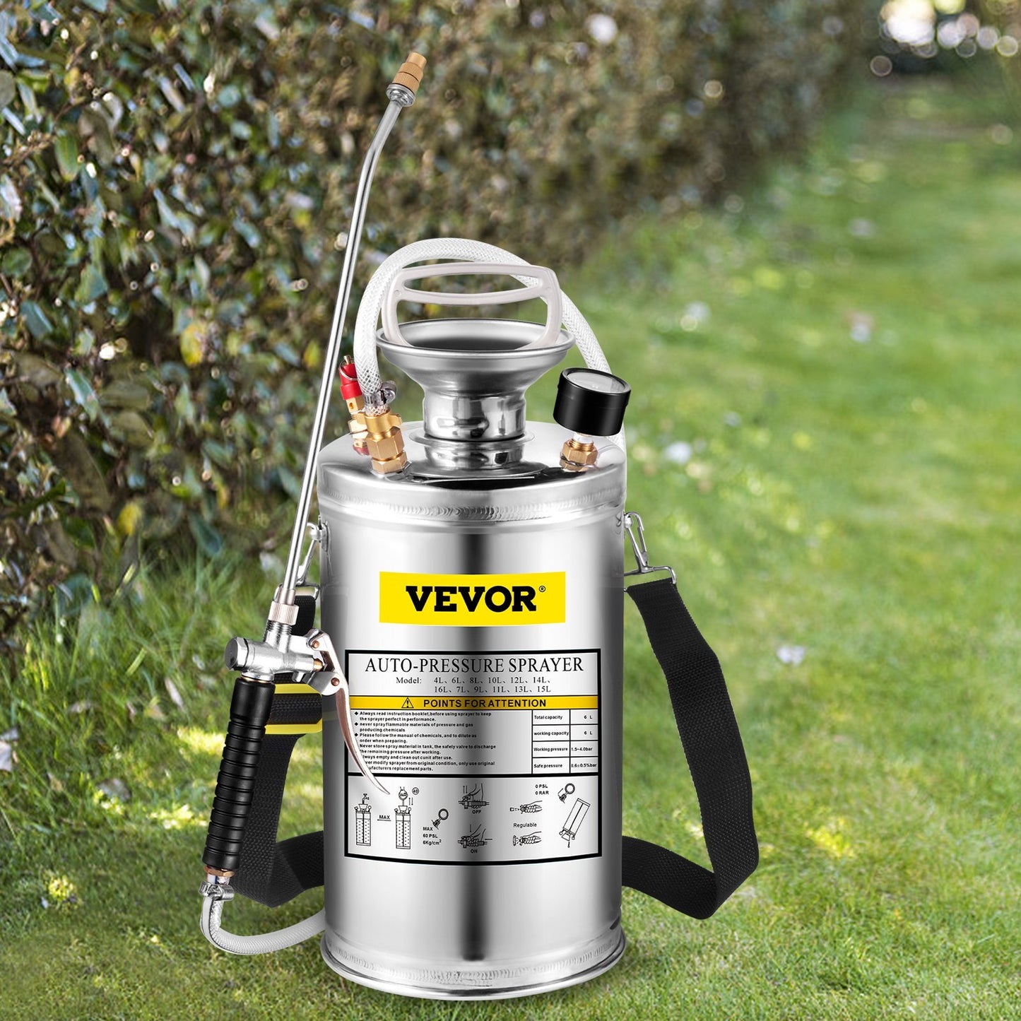 VEVOR 1.5Gal Stainless Steel Sprayer, 3.3FT Reinforced Hose, Hand Sprayer With Pressure Gauge Safety Valve, Adjustable Nozzle Suitable For Gardening Sanitizing