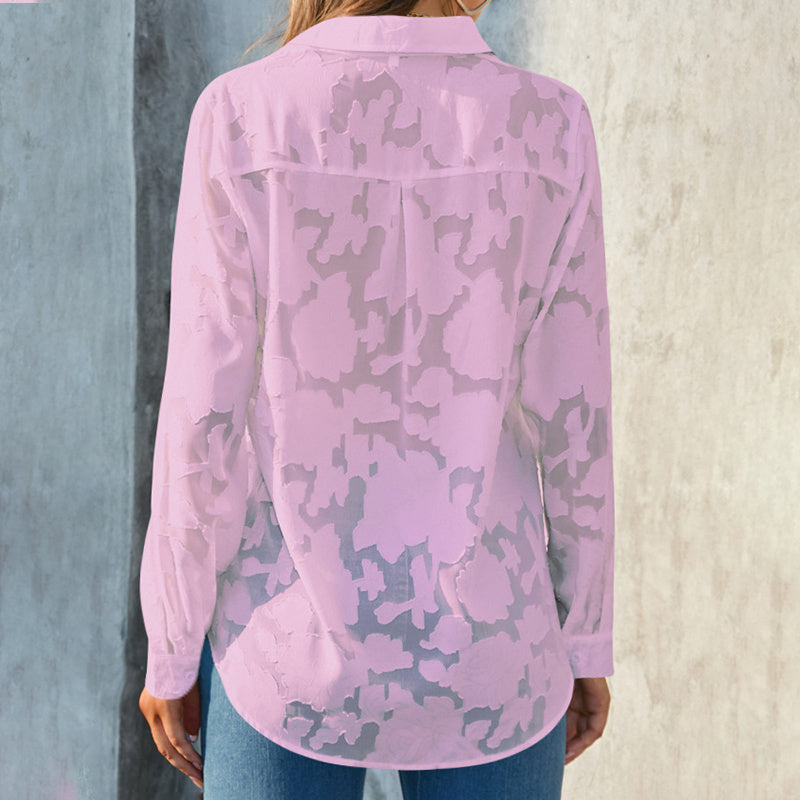 Women's Casual Sheer Button Down Shirt Long Sleeve V Neck Jacquard Blouse Top