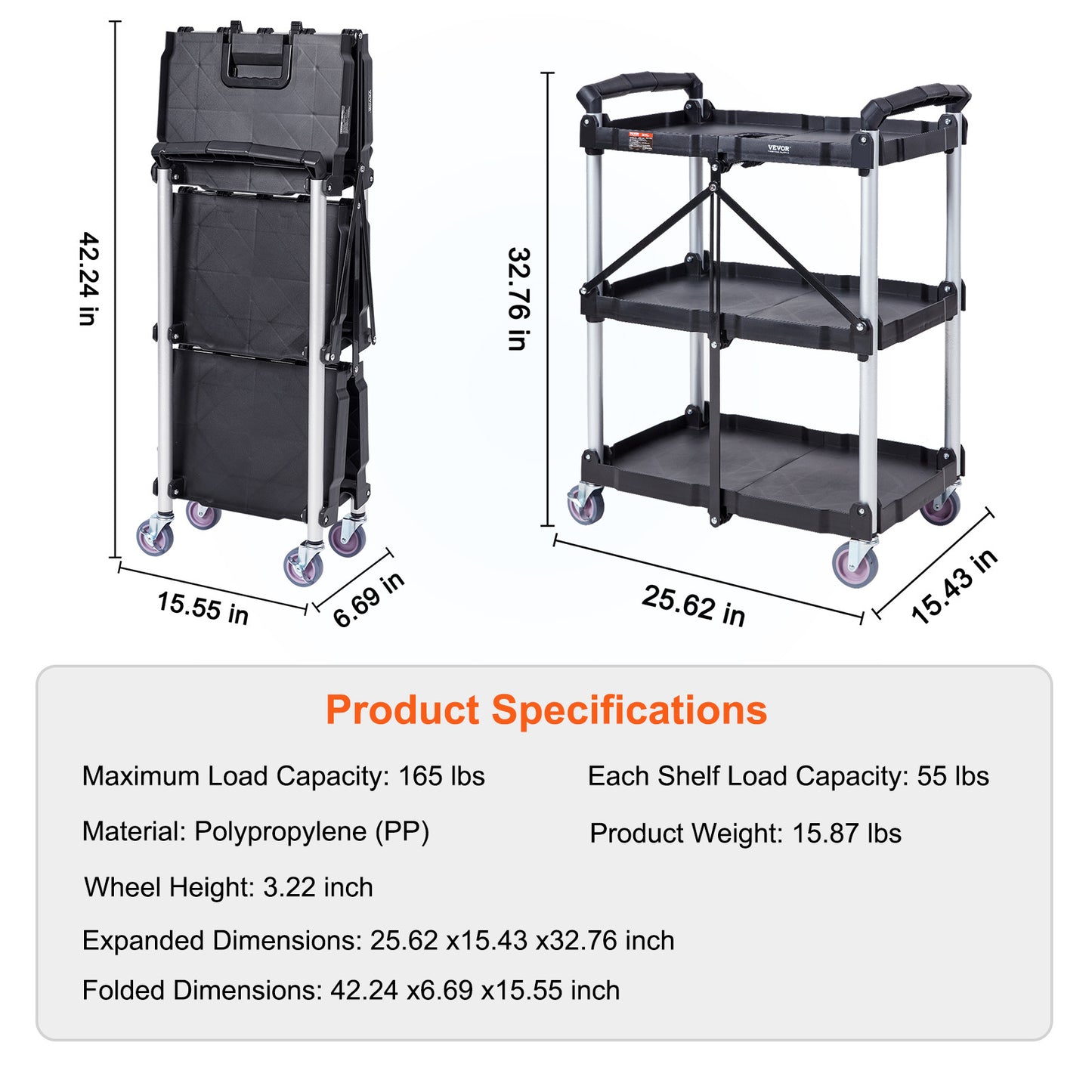 VEVOR Foldable Utility Service Cart, 3 Shelf 165LBS Heavy Duty Plastic Rolling Cart With Lockable Wheels, Ergonomic Handle, Portable Garage Tool Cart